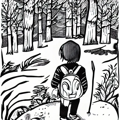 Prompt: mcbess illustration of a little boy with a backpack in a forest