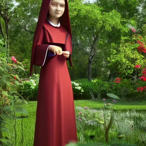 Prompt: young nun with light red long hair standing in a garden, 4k, detailed face, detailed body, detailed clothes, high details, 2d, art