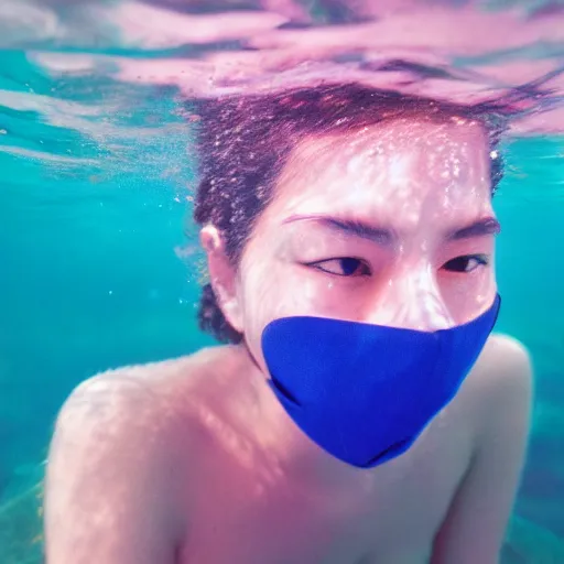 Prompt: photo of woman wearing a face mask underwater cinestill, 800t, 35mm, full-HD