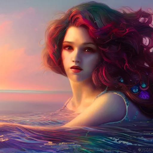 Prompt: beautiful mermaid with long curly hair, swimming in the ocean, seashells as bra, colorful magical details, magical atmosphere, cinematic lighting, hyper - detailed, cgsociety, 8 k, high resolution, in the style of charlie bowater, tom bagshaw, alexis franklin, elena masci, pawel rebisz