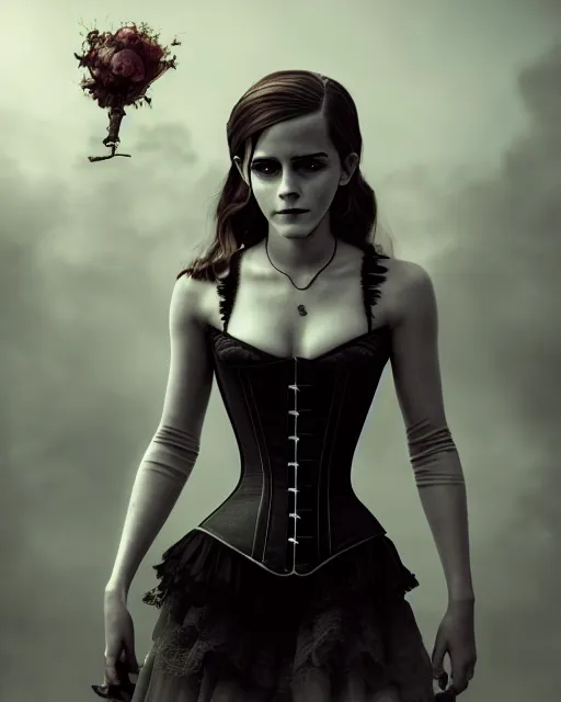 Image similar to full shot portrait painting of very beautiful emma watson standing as black maiden in stockings corset noir streets, character design by mark ryden and pixar and hayao miyazaki, unreal 5, daz, hyperrealistic, octane render, cosplay, rpg portrait, dynamic lighting, intricate detail, cinematic