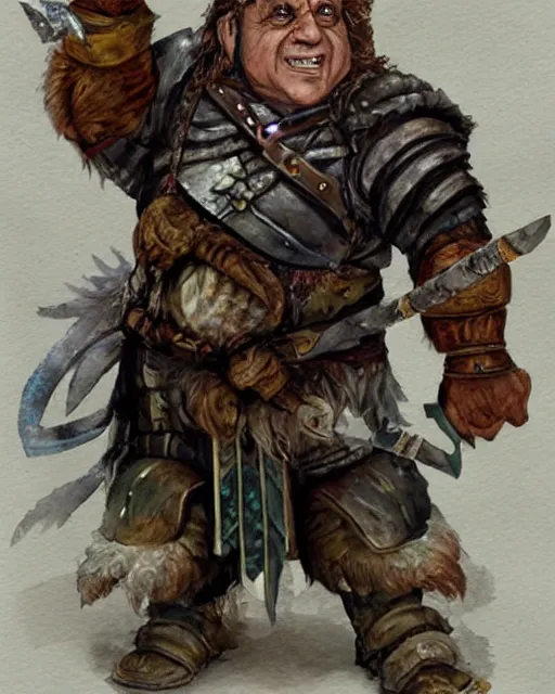 Image similar to Danny DeVito as a dwarf barbarian, water color, Dungeons and Dragons, Wizards of the Coast