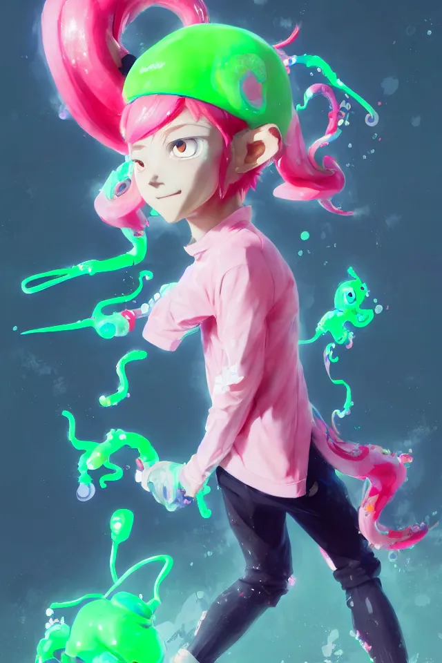 Image similar to a beautiful fullbody portrait of a cute splatoon anime boy with pink hair and green eyes wearing sports clothing tight leggings. character design by cory loftis, fenghua zhong, ryohei hase, ismail inceoglu and ruan jia. artstation, volumetric light, detailed, photorealistic, fantasy, rendered in octane