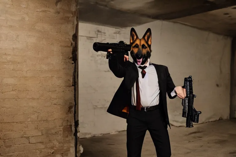 Image similar to film still of furry anthro anthropomorphic german shepard head animal person fursona wearing clothes a suit and tie standing holding a gun in a garage in an action movie posing for the camera 2020, 4k