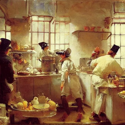 Prompt: a busy kitchen full of chefs, by mead schaeffer and jean - honore fragonard