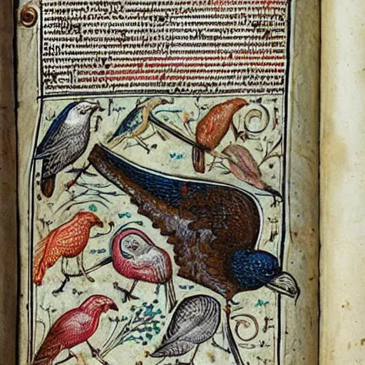 Prompt: medieval bestiary filled with uncanny grotesque beasts and birds