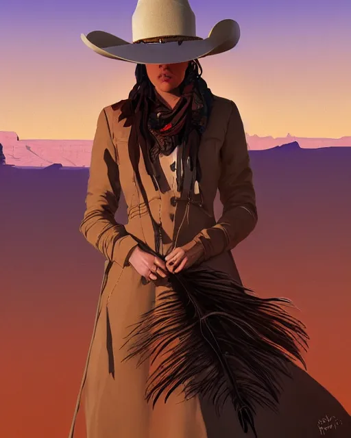 Prompt: the shadow, a gorgeous woman, a native American feather scarf, beige cowgirl hat, western jacket and a bokeh western desert town background at sunset, highly detailed, concept art, hard light digital painting, artstation, concept art, sharp focus, illustration, inspired by greg rutkowski and alphonse mucha and Frederic Remington