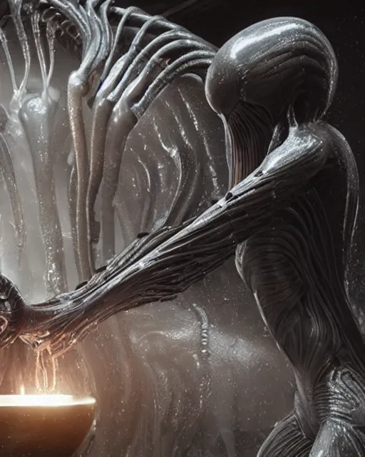 Image similar to cinematic full - body - shot still of kim kardashian being syphon fed by an xenomorph in a transparent alien liquid, wet flowing hair, gooey skin, illustration, unreal engine 5, 8 k, made by h. r. giger.