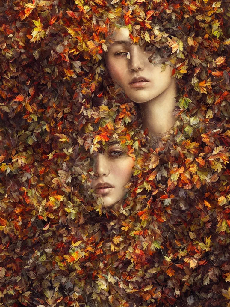 Image similar to a chaotic windy tornado of autumn leaves and no people or faces, intricate details, aesthetically pleasing and harmonious natural colors, art by marco mazzoni, impressionism, detailed, dark, wind