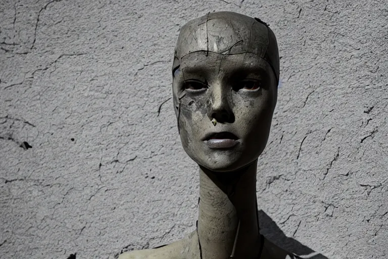 Image similar to vfx movie scene dilapidated mannequin in war torn street, natural lighting closeup by emmanuel lubezki