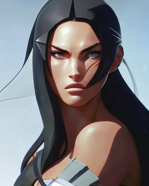 Image similar to azctec warrior, megan fox, detailed perfect face, exquisite details, fire magic, mid view, design on a white background, by studio muti, greg rutkowski makoto shinkai takashi takeuchi studio ghibli