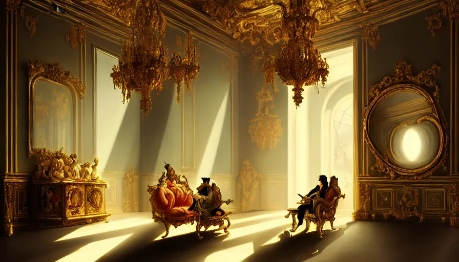 Image similar to rococo interior made from chrome, versailles, light, shadows, reflections, epic composition, intricate, elegant, volumetric lighting, digital painting, highly detailed, artstation, sharp focus, illustration, concept art, ruan jia, steve mccurry