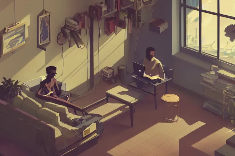 Image similar to a young black man sitting on a sofa working on a laptop, wide angle shot from above, golden curve composition, animation portrait concept art, style of makoto shinkai, xision, james jean and peter mohrbacher, studio ghibli, artgerm, karol bak, dan mumford, 4 k hd, animation style