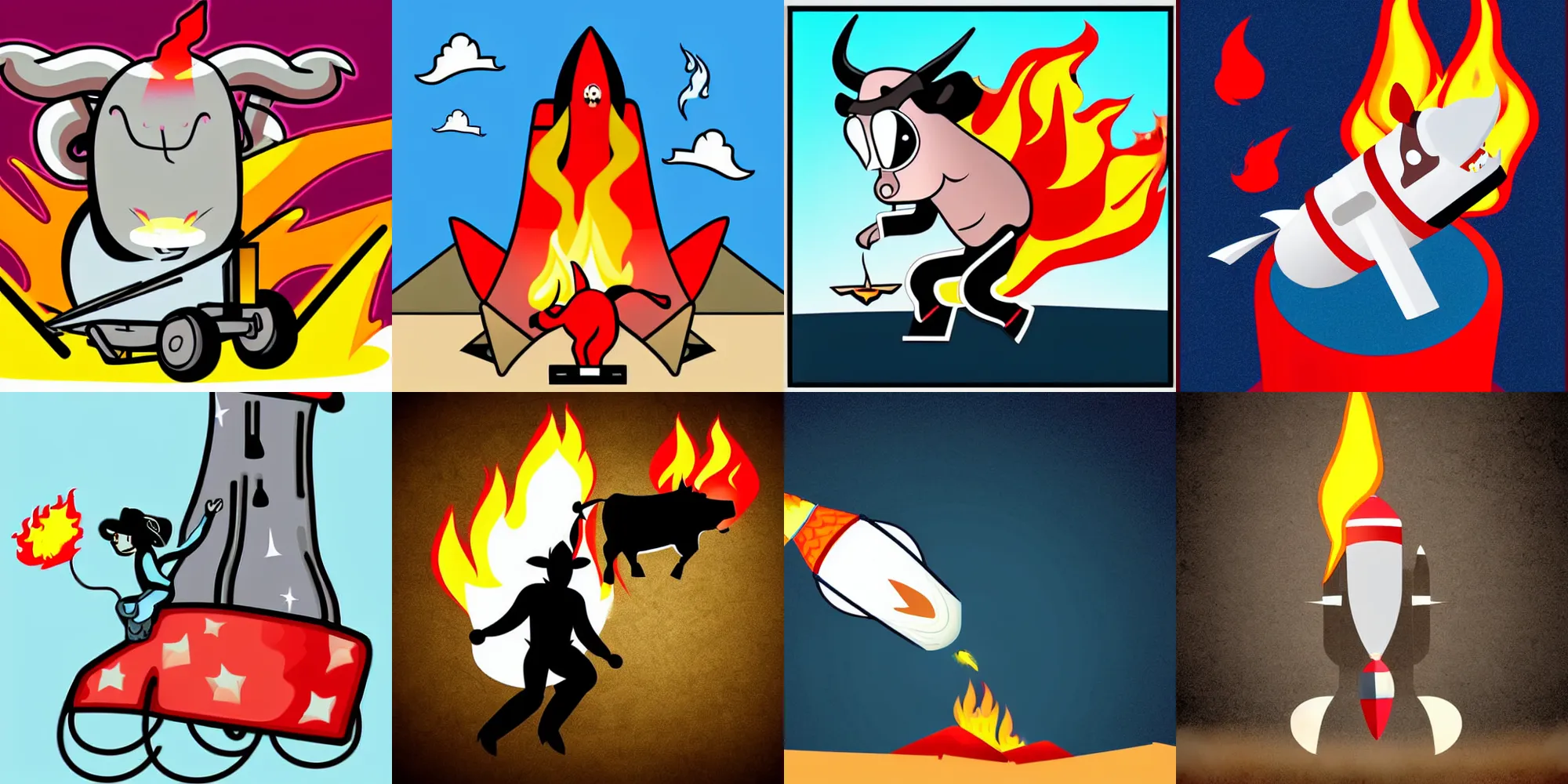 Prompt: a cartoon bull riding a rocket there is a flame coming out of the rocket there is a trail of smoke the bull is excited to ride the rocket the bull has twisted smile, cell shaded, flat lighting, drop shadows