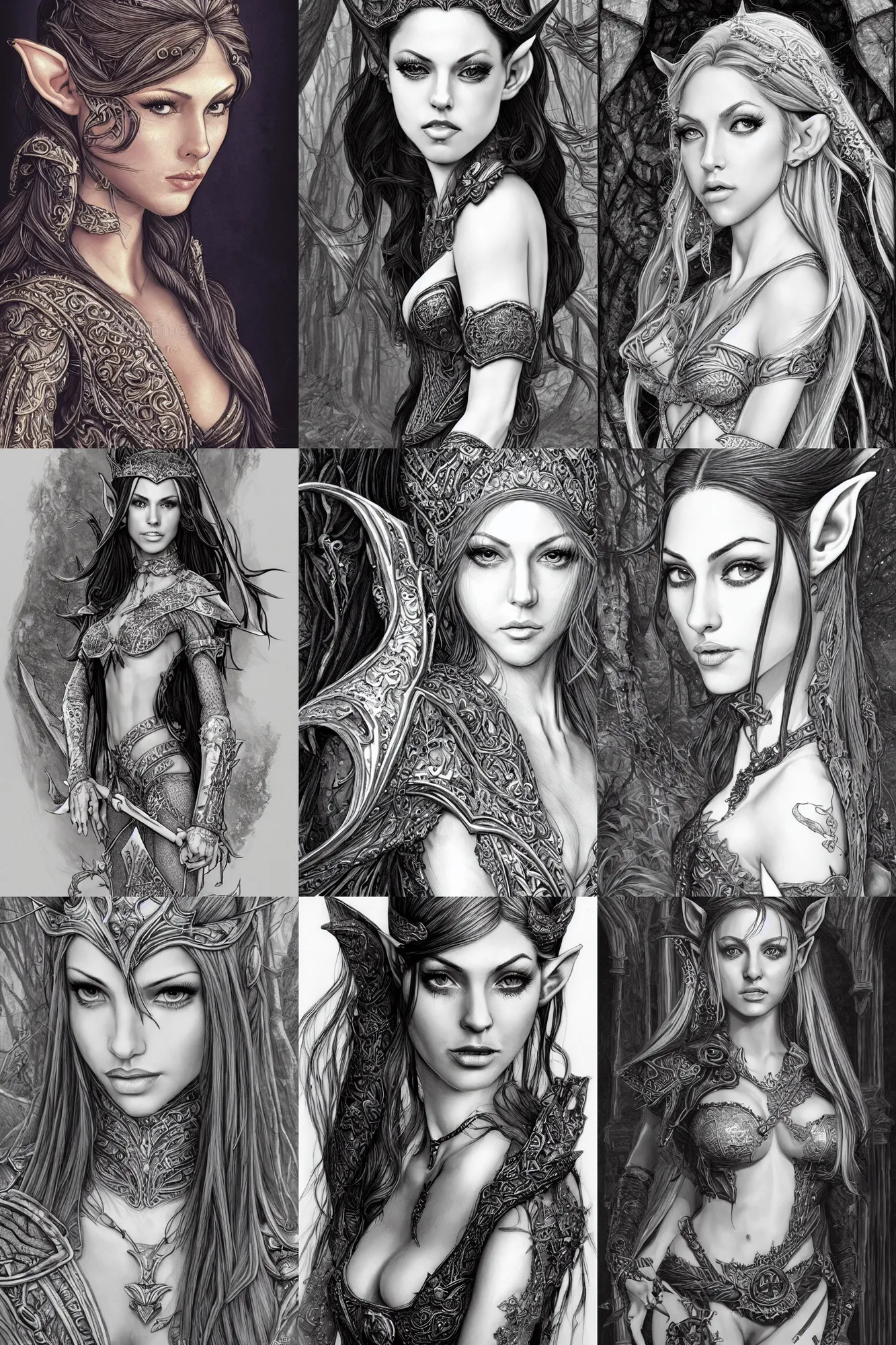 Prompt: alluring highly-detailed pen and ink illustration portrait of an attractive young elf woman (played by youthful Jenna Haze from 2003), clothed in a chesty fantasy outfit, intricate, elegant, highly detailed, digital painting, trending on Artstation, concept art, smooth, sharp focus, illustration, in the style of artgerm and greg rutkowski and alphonse mucha