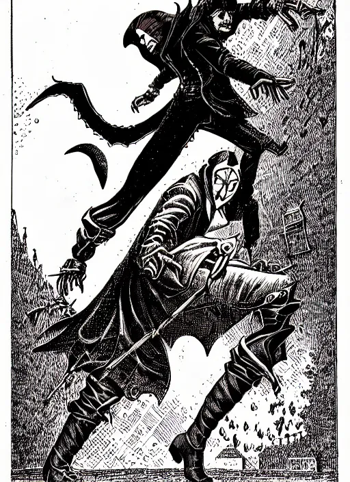 Image similar to spring - heeled jack d & d style illustration, full body, pen - and - ink illustration, etching, by russ nicholson, david a trampier, larry elmore, 1 9 8 1, hq scan, intricate details, inside stylized border