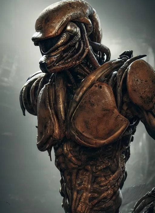 Image similar to a photorealistic dramatic hyperrealistic render of predator the alien hunter, ultra realistic details, well worn, rust, oil stains designed by vitaly bulgarov and mike nash, beautiful dramatic dark moody tones and lighting, cinematic atmosphere, studio lighting, global illumination, shadows, dark background, octane render, 8 k