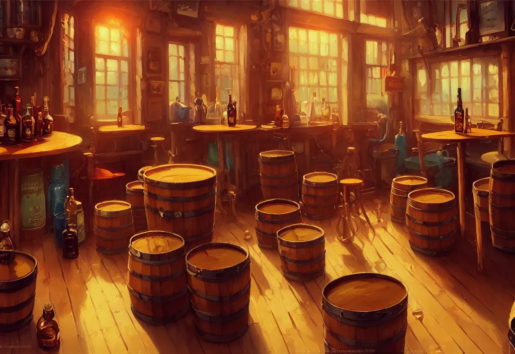 Image similar to small saloon interior with barrels tables and bottles, intricate oil painting, high detail illustration, sharp high detail, manga and anime 1 9 9 9, official fanart behance hd artstation by jesper ejsing and makoto shinkai, 4 k,