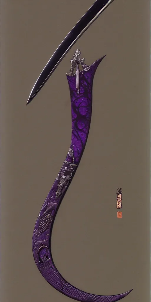 Image similar to a katana in the style of zdzisław beksinski, elegant, silver and amethyst, crescent moon motif, weapon