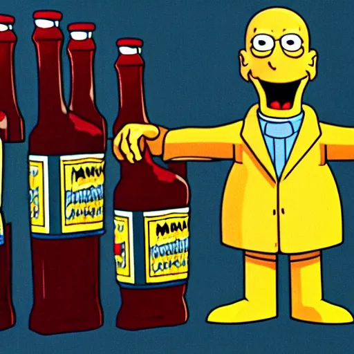 Image similar to montgomery burns from the simpsons with arms up in the air holding ketchup bottles, cartoon