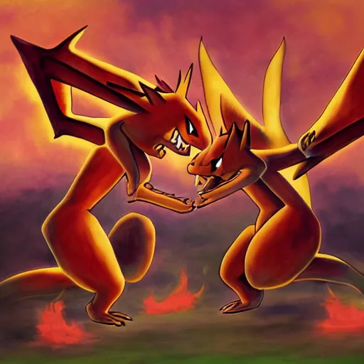 Prompt: charizard fighting dugtrio, pokemon artwork