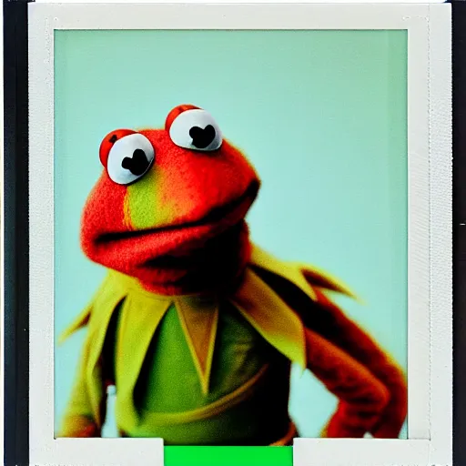 Prompt: Kermit the frog as jedi, polaroid photo, instax, white frame, by Warhol,