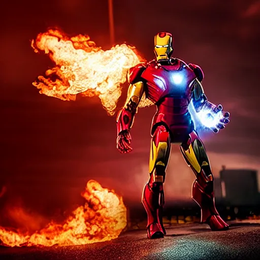 Image similar to < photo hd stunning reimagined mood = gritty gaze = camera > iron man shooting flames from his hands, burning city in the background < / photo >