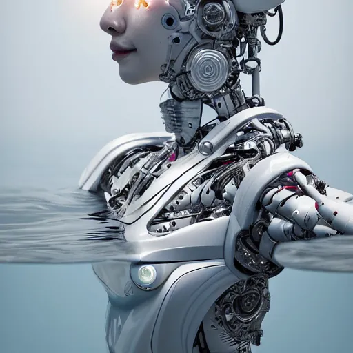 Image similar to beautiful centered Fine art photo portrait of HoYeon Jung as a solarpunk robotic humanoid treading on water, white mechanical parts with led lights, photorealistic, white background, highly detailed and intricate, sunset lighting, HDR 8k