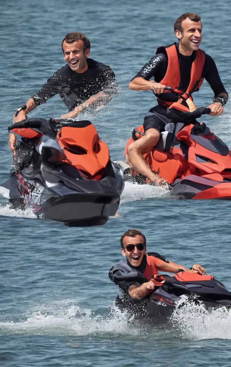 Prompt: portrait of emmanuel macron laughing on a jetski while big fires spread