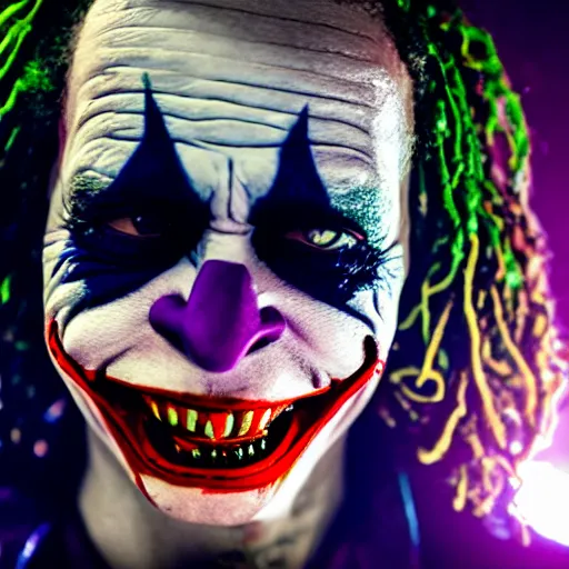 Image similar to a film still of Trippie Redd starring as The Joker, 40mm lens, shallow depth of field, split lighting, cinematic