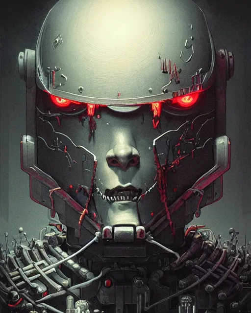 Prompt: bastion from overwatch, evil sinister robot, character portrait, portrait, close up, concept art, intricate details, highly detailed, horror poster, horror, vintage horror art, realistic, terrifying, in the style of michael whelan, beksinski, and gustave dore