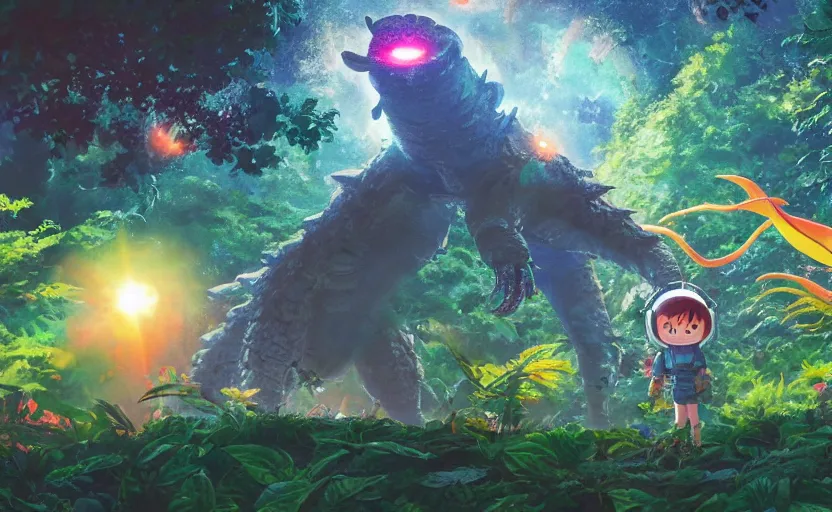 Image similar to a still of a cute adorable tiny astronaut, on a planet of lush colorful foliage, with an enormous kaiju dragon surrounding the full background, magical forest, sharp focus, neon backlit, highly detailed, disney pixar studio ghibli makoto shinkai, digital painting, matte, octane render, global illumination, iridescent, anime, 8 k concept art