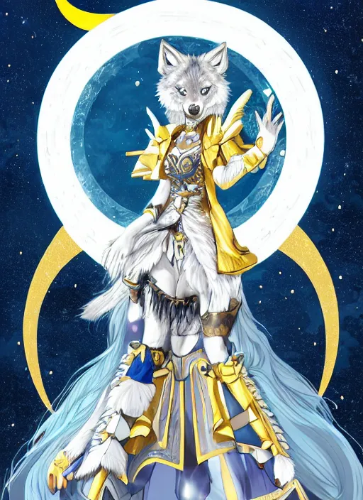 Prompt: commissioned full body portrait of a female anthro wolf princess fursona with a wolf head and white hair wearing a blue and gold Japanese armored dress in a white and gold palace on a starry night with a large crescent moon, by a professional manga illustrator, by Kilian Eng, by Sandra Chevrier, trending on artstation