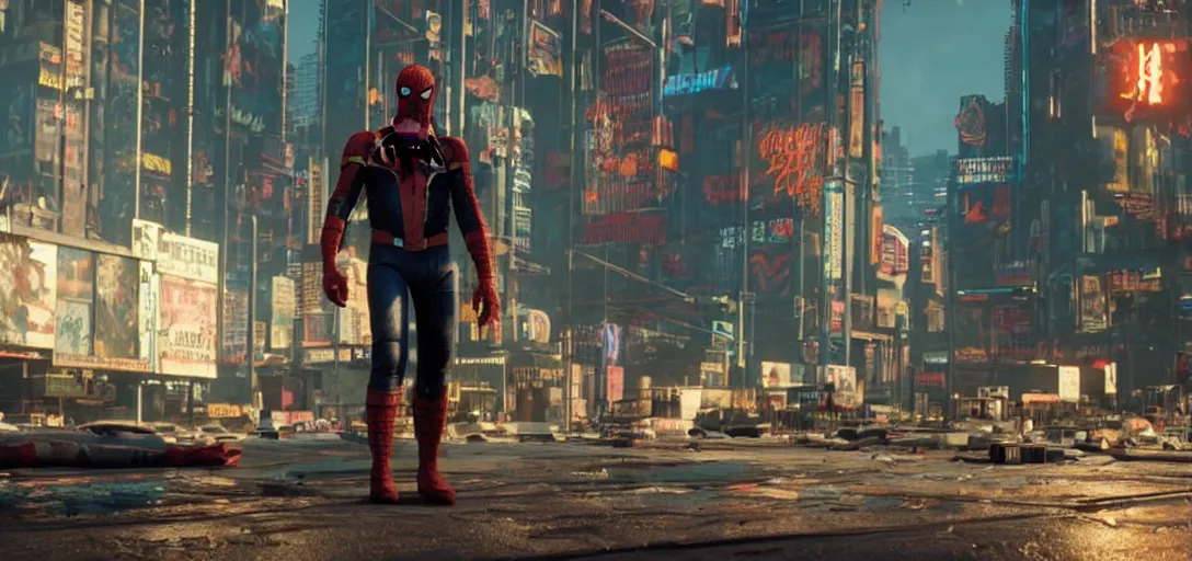 Image similar to a film still from a gritty cyberpunk 2 0 0 0 s james cameron movie about spider - man. realism, cinematic lighting, 4 k. 8 mm. grainy. panavision.