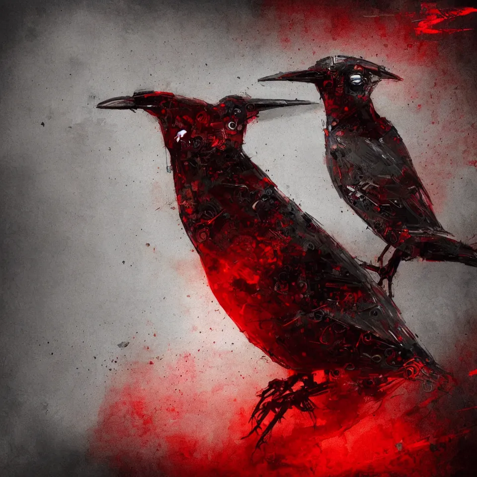 Prompt: robotic bird, digital painting, digital art, beautiful, cinematic, 4 k, ultra hd, art by ben templesmith, dynamic lighting, black and red color scheme