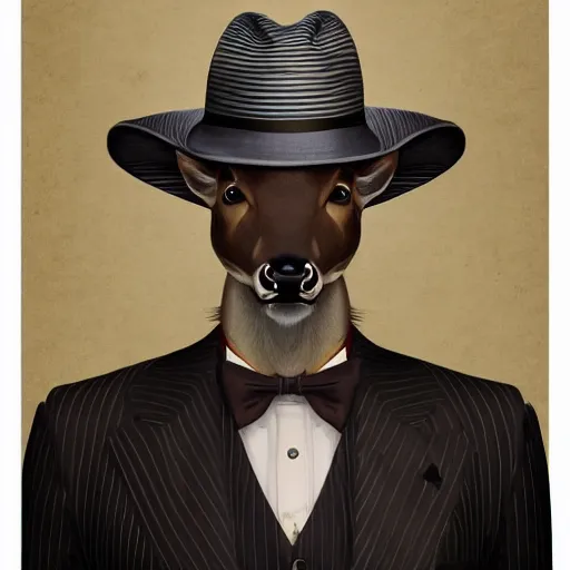 Image similar to a upper body portrait of a deer in a pinstriped suit and pants wearing a fedora with the antlers sticking out of the fedora by artgerm and wlop, intricate detail, digital art, photorealistic, trending on artstation