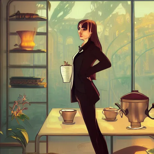 Image similar to a weasel in a suit was drinking tea, surrounded by tea houses ambient lighting, 4 k, lois van baarle, ilya kuvshinov, rossdraws, alphonse mucha, jung gi kim, artstation