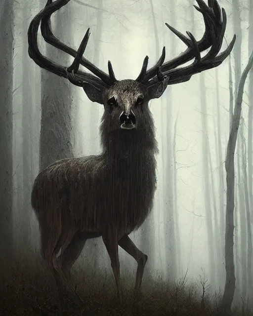 Image similar to oil painting of forest spirit made out of wooden sticks with a deer skull for a face, dark forest, fog, dark fantasy, gloomy, pale colors, by greg rutkowski