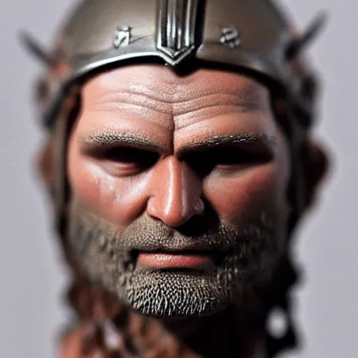 Image similar to of a 3d clay model of a viking from valhalla, wearing the horned helmet ultra fine detail, hair strands, ultra high resolution, fine texture detail, miniature painting techniques, perfect proportions, marvel cinematic universe, eric bana