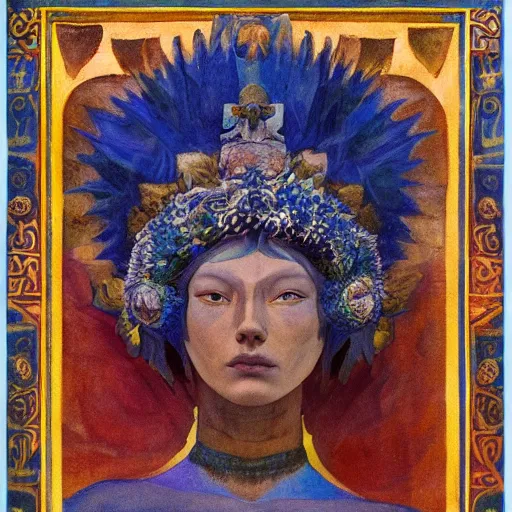 Image similar to the forest crown, by Annie Swynnerton and Nicholas Roerich and Diego Rivera, blue skin, elaborate costume, geometric ornament, rich color, dramatic cinematic lighting, smooth, sharp focus, extremely detailed