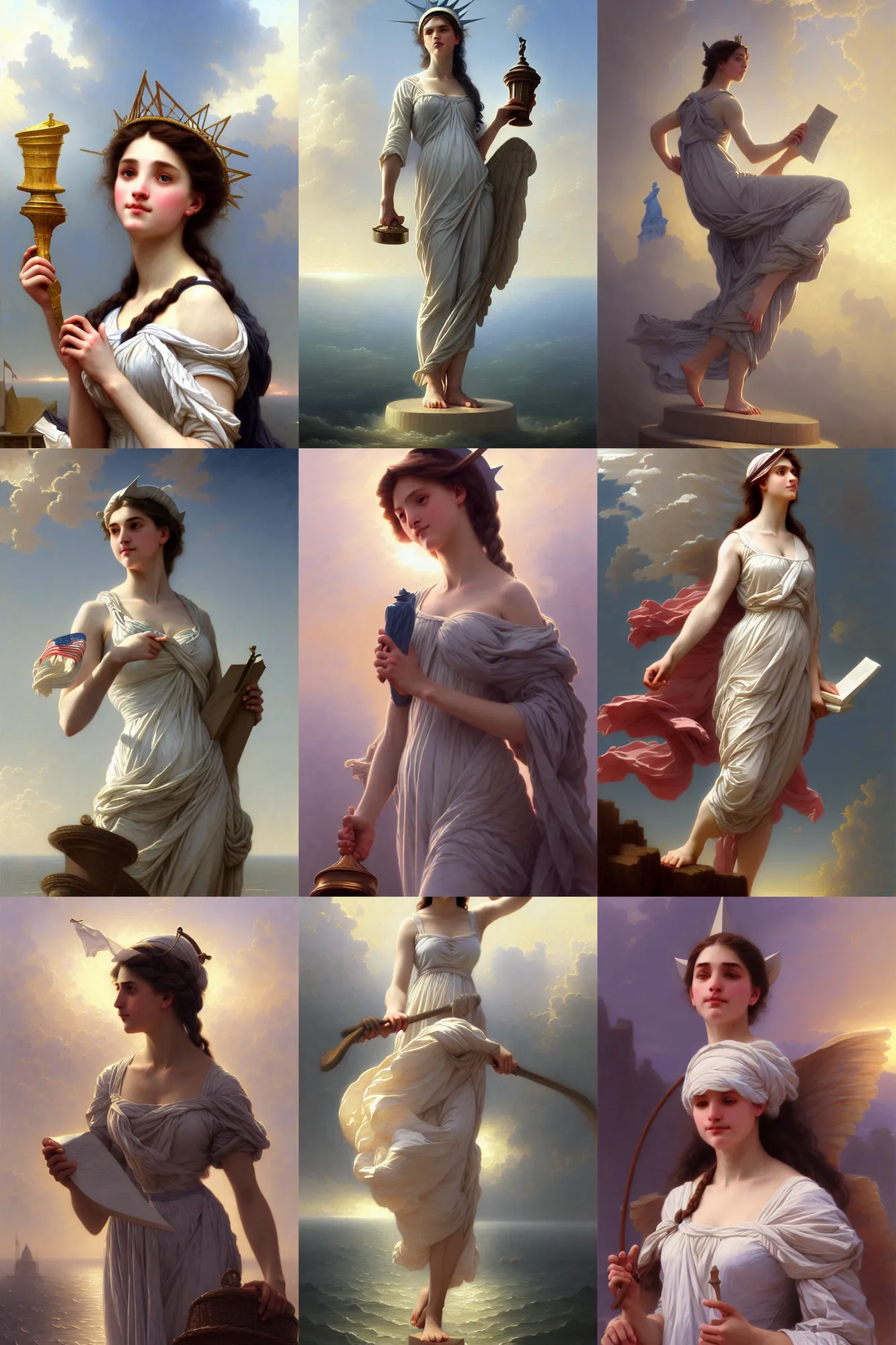 Prompt: a barefoot depiction of miss liberty, illustration by mandy jurgens and william adolphe bouguereau, artgerm, 4 k, digital art, surreal, highly detailed, artstation, digital painting, concept art, smooth, sharp focus, illustration by mandy jurgens and william adolphe bouguereau