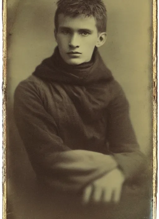 Image similar to tintype photo of alyosha karamazov, handsome innocent young russian man, by julia margaret cameron 1 8 8 0 s, realistic, body shot, sharp focus, 8 k high definition, insanely detailed, intricate, elegant
