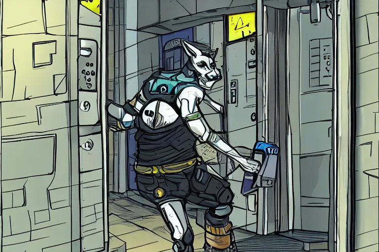 Image similar to A cyberpunk husky kicking down the corp's door, digital art