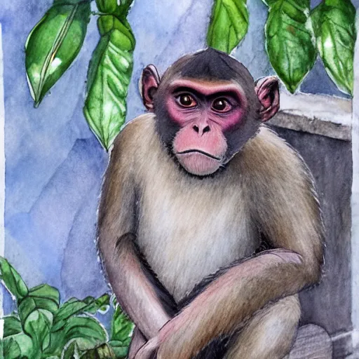 Image similar to delicate, king monkey on the throne, garden, paved, botanic watercolors, iridescent, 8 k, realistic shaded, fine details, artstation, italian, iron gate, tree, mediterranean, marvelous