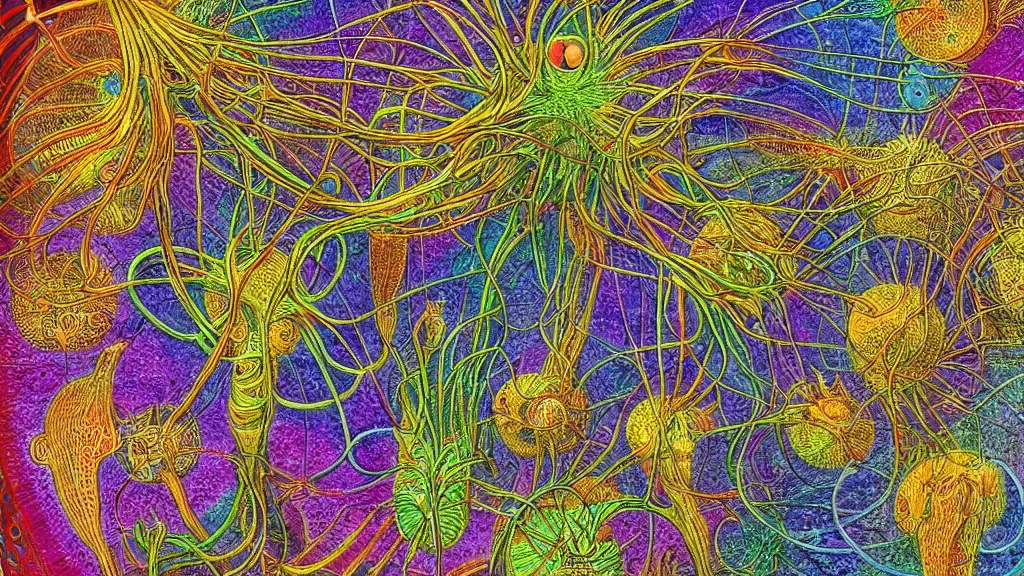 Prompt: quantum connections represented as symbiotic organisms like cells playing around with colorful lights by ernst haeckel, prismatic view