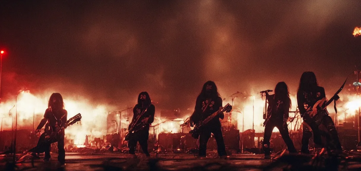 Image similar to A wide shot of a heavy metal band with long dark hair playing on guitars while Godzilla destroys!!!!!!!! the night city of Tokyo, by Lubezki and David Lynch, anamorphic 35 mm lens, cinematic, anamorphic lens flares 4k