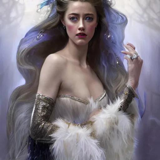 Image similar to hyperrealistic portrait of a woman as amber heard as the winter witch at her frost palace while enchanting a spell wearing white swan dress long feathers and sapphire jewellery by jeremy mann and alphonse mucha, fantasy art, photo realistic, dynamic lighting, artstation, poster, volumetric lighting, very detailed faces, 4 k, award winning