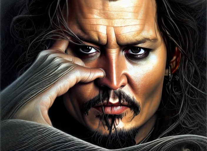 Prompt: wideangle!! portrait shot of johnny depp in the lord of the rings, intricate, elegant, highly detailed, centered, digital painting, artstation, concept art, smooth, sharp focus, illustration, artgerm, tomasz alen kopera, peter mohrbacher, donato giancola, joseph christian leyendecker, wlop, boris vallejo