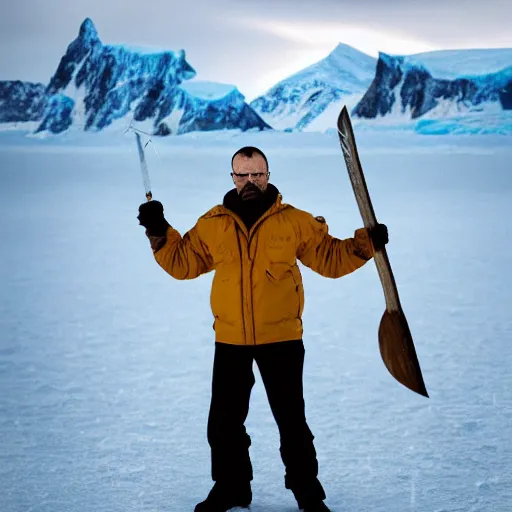 Prompt: Walter White holding an axe in the middle of Antarctica, cold terrain, master shot, moody light, highly realistic, 8k