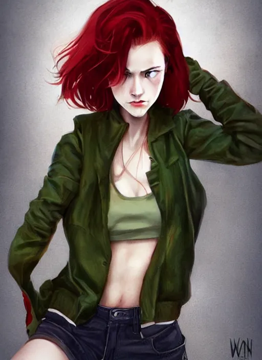 Prompt: full-body shot of an attractive tomboy girl with long, crimson red hair and red eyes, wearing a brown, open jacket and green jeans with a stern look, concept art, character design, by WLOP, by Ross Draws, by Bill Medcalf